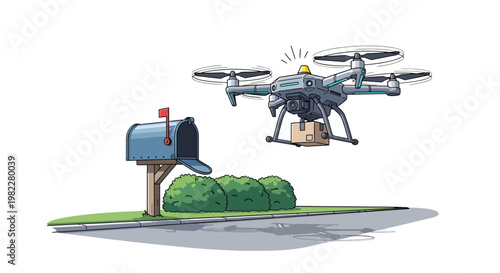 Drone delivering package to mailbox on suburban lawn with bushes