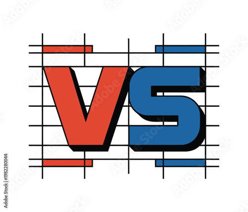 A graphic design of the letters VS in red and blue with a grid background