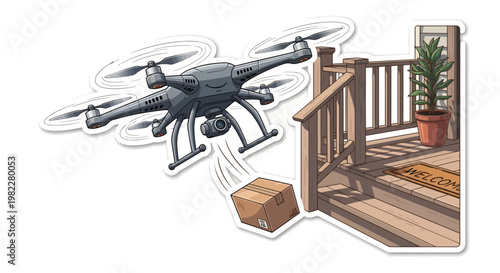 Drone delivering package to porch with plant, modern delivery concept
