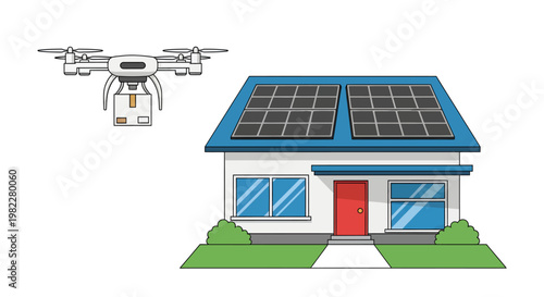Solar powered house with drone flying overhead, eco friendly home with renewable energy