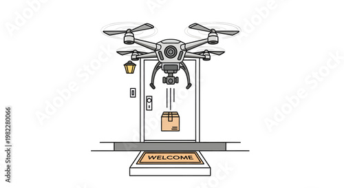 Drone delivering package to doorstep with welcome mat