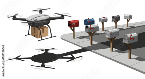 Drones delivering packages to mailboxes on a suburban street