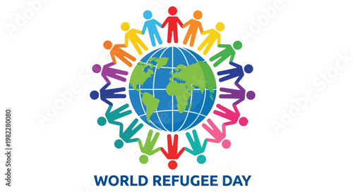 People holding hands around a globe with world refugee day text