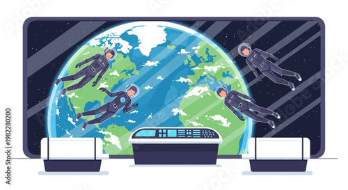 businessmen flying around globe on screen