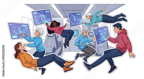 People in a futuristic virtual reality environment floating and interacting