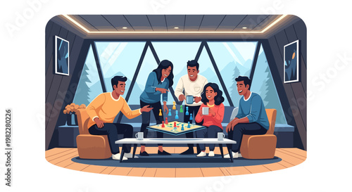 group of friends sitting in a modern living room with large windows