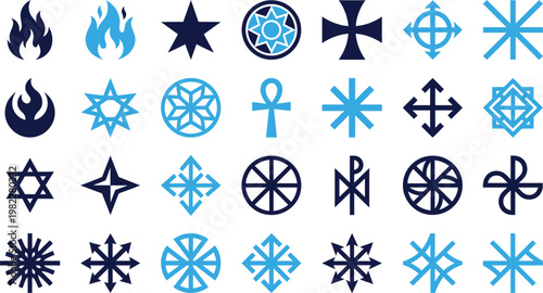 Collection of mystical and spiritual symbols including fire star cross and runes.