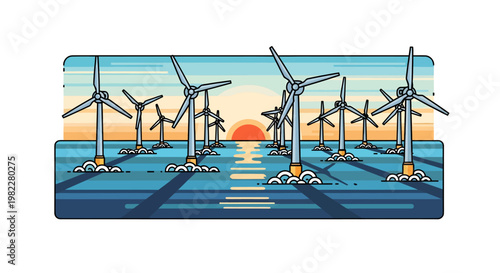 Pixel art wind turbines in ocean at sunset