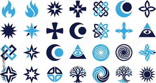 Collection of abstract symbols, emblems, and icons in blue and navy.