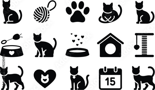 Black Cat Icons Set with Pet Care Symbols and Accessories on transparent background