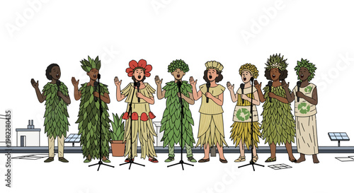 Seven musicians in green costumes performing on stage with microphones