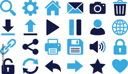 Digital icons for technology, communication, and business in blue.