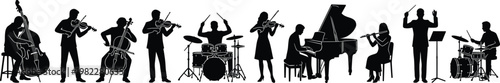 Orchestra and musician silhouette set featuring classical performers with violin cello piano flute and conductor plus modern drum kit for live performance