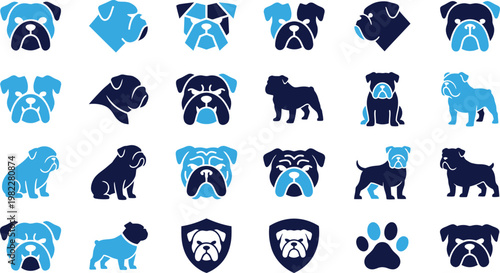 Set of bulldog icons showcasing various poses and expressions for design.