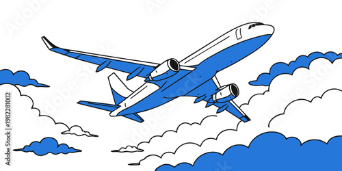 Blue and white passenger plane flying over stylized cloudscape with airplane aircraft aviation transportation illustration vacation adventure movement airliner commercial departure creative
