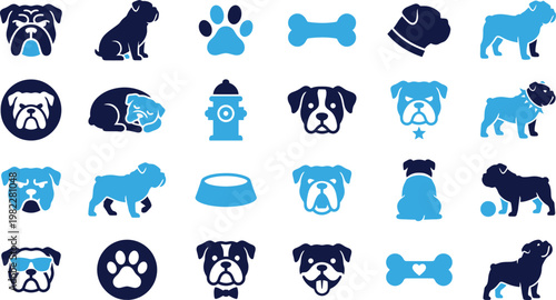Assortment of bulldog icons showing different poses, actions, and accessories.