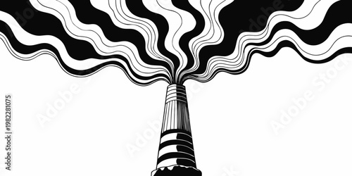 Monochrome line art of factory chimney releasing wavy smoke with industry pollution illustration emission industrial environmental manufacturing production minimalist contamination abstract