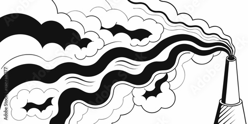 Graphic illustration of industrial chimney emitting thick smoke clouds with pollution industry illustration emission industrial environmental manufacturing production minimalist contamination