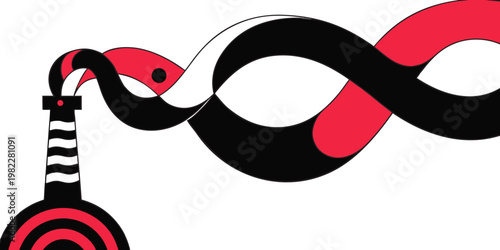 Abstract factory chimney emitting red and black wavy smoke with industry pollution illustration emission industrial environmental manufacturing production minimalist contamination abstract