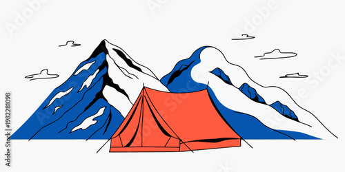 Red camping tent in front of snowy mountain peaks with mountain outdoors adventure landscape wilderness climbing expedition trekking vacation activity recreation exploration mountainous