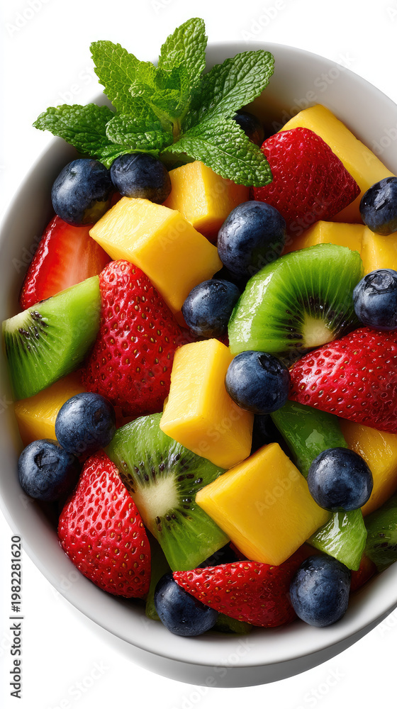 Obraz premium Colorful fruit salad in a white bowl with mango, strawberries, blueberries and kiwi fresh, juicy, vitamin rich snack for healthy eating, summer breakfasts and desserts