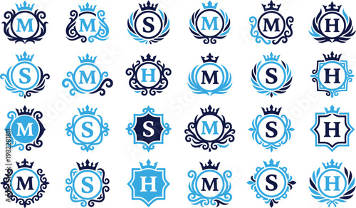 Collection of royal emblems and monograms with letters m and s and h.