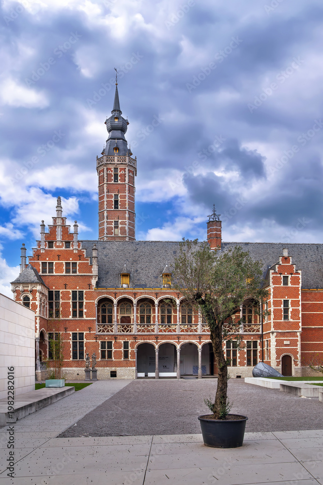 Fototapeta premium Hof van Busleyden, Mechelen, Belgium, wide angle view. Renaissance brick and stone architecture under cloudy gray sky