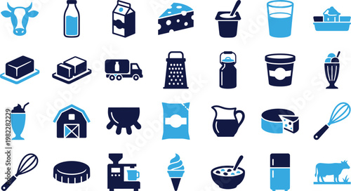 Collection of dairy product icons, dairy farm and cow symbols.