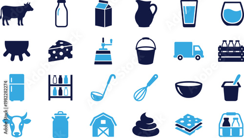 Dairy farm icons set, cow, milk products and agricultural symbols.