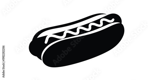 A simple black and white illustration depicts a hot dog with a squiggle of mustard inside a bun