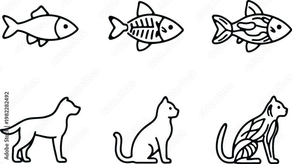 Fototapeta premium Simple doodle set featuring fish and cats in black and white line art