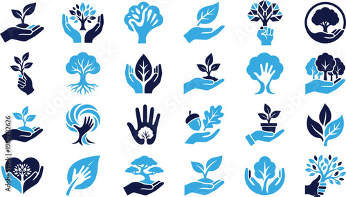 Eco symbols hands with trees plants leaves and saplings growth and nature care.