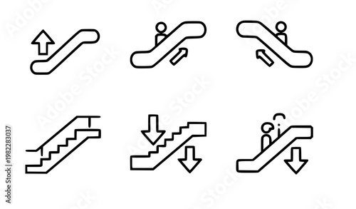 A set of minimalist icons depicting escalators and staircases with arrows