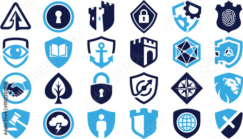 Set of shield and abstract icons in blue and navy for security themes.
