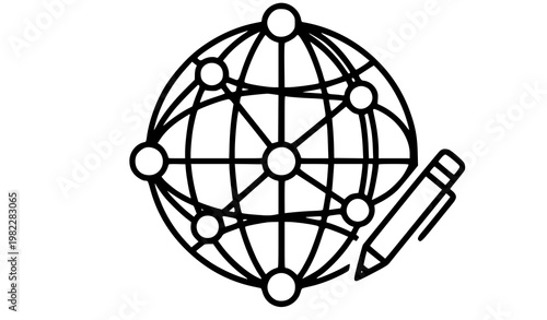 A minimalist vector graphic of a globe with a pencil