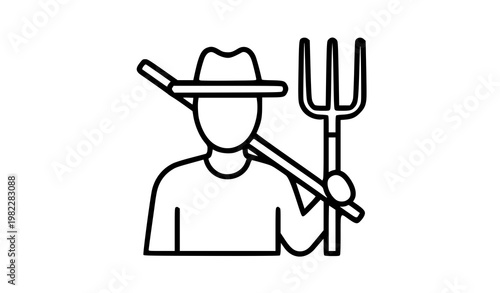 A minimalist line art illustration of a farmer with a pitchfork
