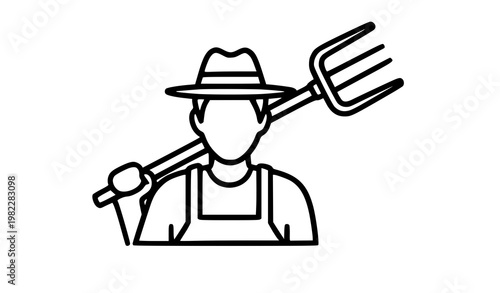 A minimalist line art illustration of a farmer with a pitchfork