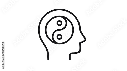 Side-view human cranium housing a yin-yang dual-tone emblem, rendered in delicate black linework to embody psychological equilibrium, contemplative mindfulness, philosophical dualism, and the serene