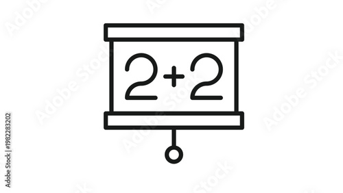 Black line vector icon of a pull-down projector screen with a simple math addition equation of two plus two, representing education, basic mathematics, learning, and classroom teaching concepts.