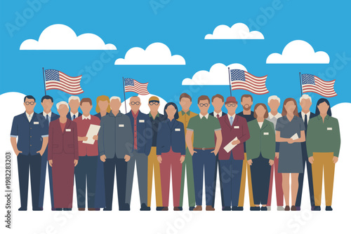 A diverse group of people standing together under a blue sky with American flags