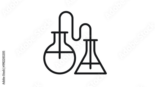 Scientific research and chemistry experiment vector icon illustration featuring a round-bottom flask and an Erlenmeyer flask connected by a tube, minimalist black line art on a white background.