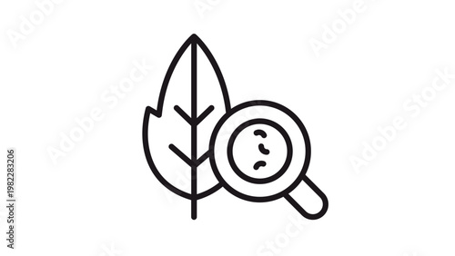 Vector icon illustration of a leaf under a magnifying glass showing bacteria or microorganisms, representing plant pathology, biological research, environmental science, and pest control.