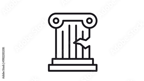 Broken Ancient Greek Column Vector Icon. Minimalist Black Line Illustration of a Ruined Ionic Pillar. Symbol of Architectural Heritage, History, Antiquity, Classical Ruins, and Structural Collapse.