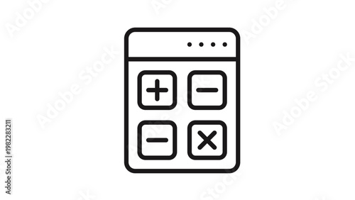 Minimalist black line vector icon of a calculator featuring basic mathematical operation symbols for addition, subtraction, multiplication, and division, isolated on a white background illustration