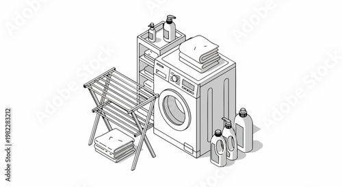 Isometric laundry room set featuring a washing machine, drying rack, folded towels, and detergent bottles. Minimalist black and white line art vector style illustration.