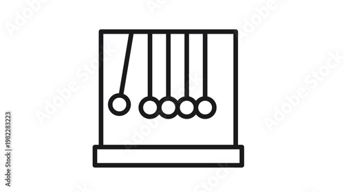 Newton's cradle vector icon illustration. Minimalist black line art of a physics pendulum desk toy showing conservation of momentum and energy with one ball swinging. Scalable graphic symbol.