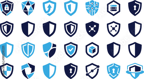 Shield icons set blue dark security protection safety privacy defense concept.