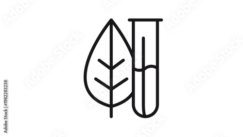 Minimalist black vector icon of a leaf and a test tube, representing biotechnology, natural science research, and eco-friendly laboratory experiments. Scalable line art graphic illustration.