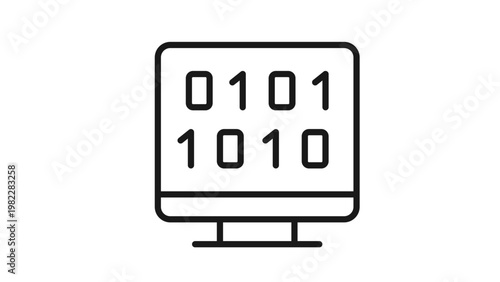 Black line art vector icon of a computer monitor displaying binary code zeros and ones, representing software development, computer programming, data processing, and digital technology concepts.