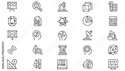 Science and Education Vector Icon Set: 25 Minimalist Black Line Symbols for Biology, Physics, Technology, Psychology, Engineering, Nature, and Mathematics. Professional Graphic Design Bundle.